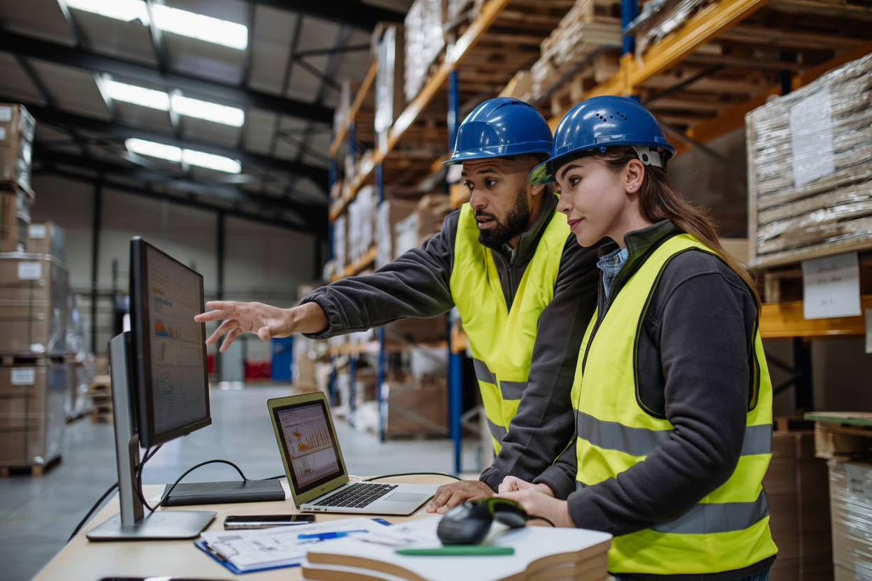 Industrial workers using IMM technology in warehouse